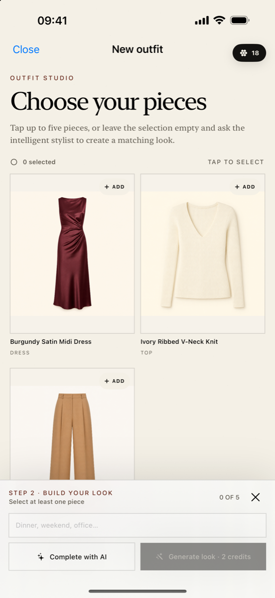 Choosing pieces to build a new outfit in Kleido